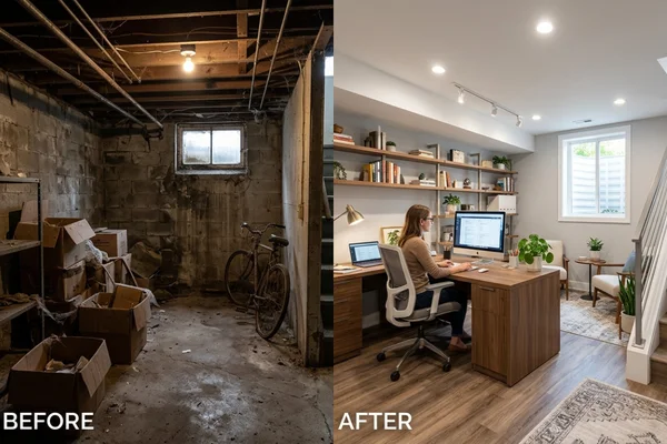Before-and-after comparison of an empty, unused basement that was remodeled into a comfortable home office space.