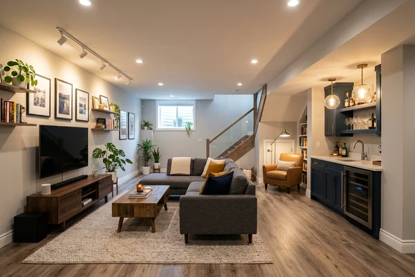 Finished basement entertainment room with recessed lighting, illuminated built-ins, fireplace, and home bar