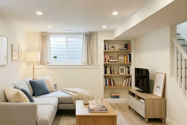 Bright finished basement family room with light walls, wood flooring, and built-in shelving